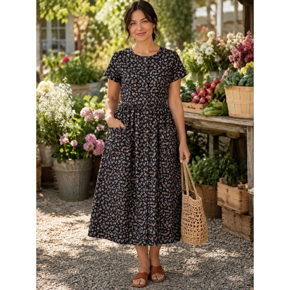 Vintage Eddie Bauer Floral Linen Cottagecore Button Front Midi Dress Med Petite